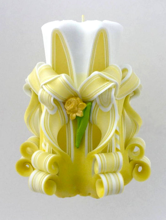 Handmade Yellow and White Carved Daffodil Pillar Candle - 5 Inch