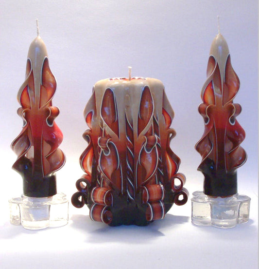 Handmade Autumn Earth Tone Carved Candle Set