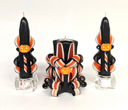 Handmade Halloween Jack-o'-Lantern Carved Candle Set