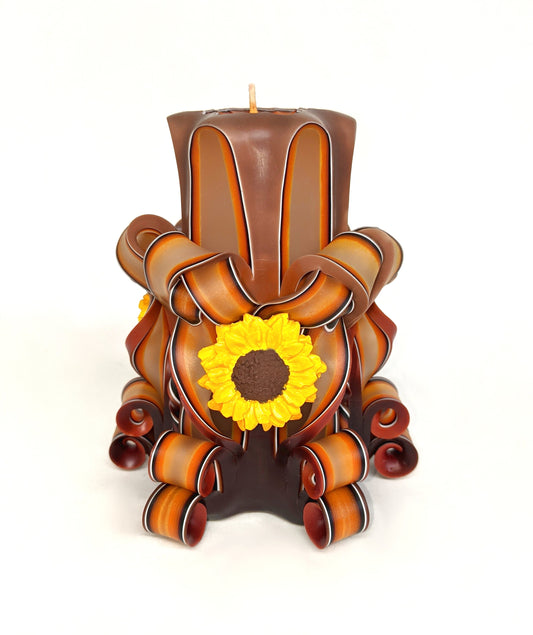Handmade Autumn Sunflower Carved Pillar Candle - 5 Inch