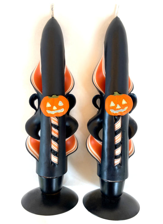Handmade Halloween Jack-o'-Lantern Carved Taper Candles in Vintage Colors - 6 Inch