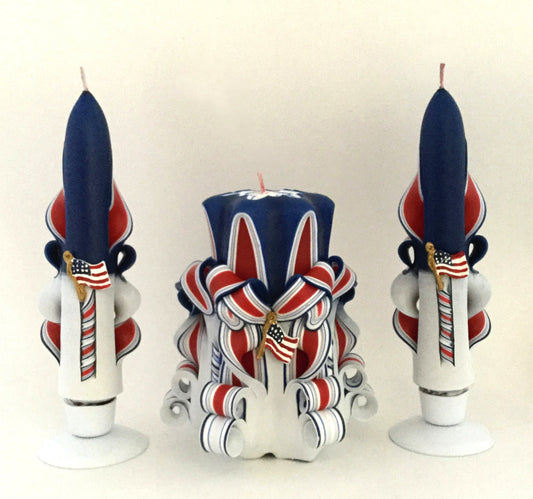 Hand-Carved Patriotic Candle Set with Flag Accents