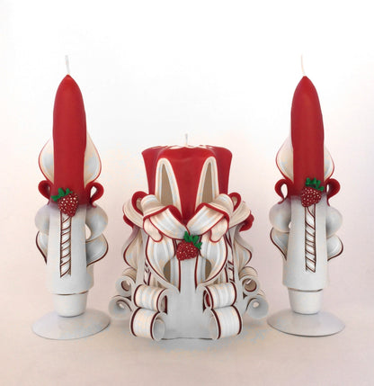 Handmade Red and White Carved Strawberry Candle Set