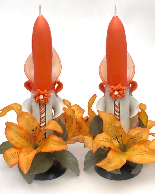 Handmade and Carved Orange Tiger Lily Taper Candles - 6 inch