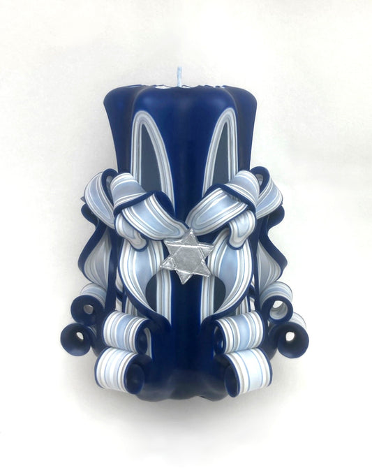 Carved Shabbat Pillar Candle with Star of David Accents