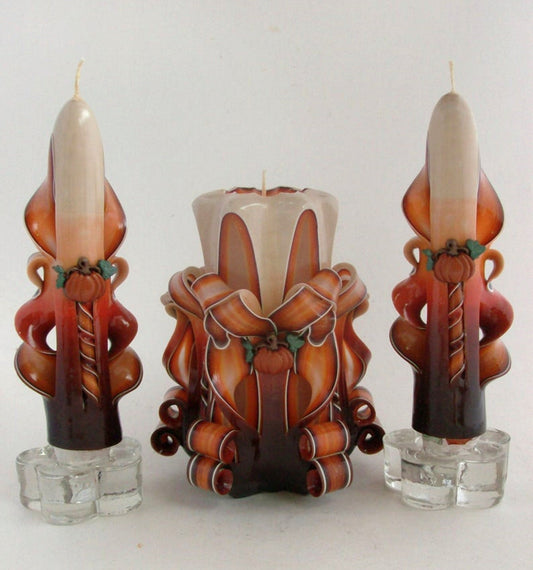 Carved Autumn Candle Set with Pumpkin Accents