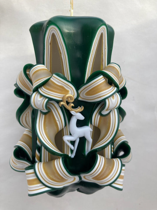 Carved Green and Gold Elegant Reindeer Christmas Candle