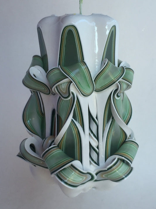 Handmade Green and White Carved Pillar Candle - 5 Inch