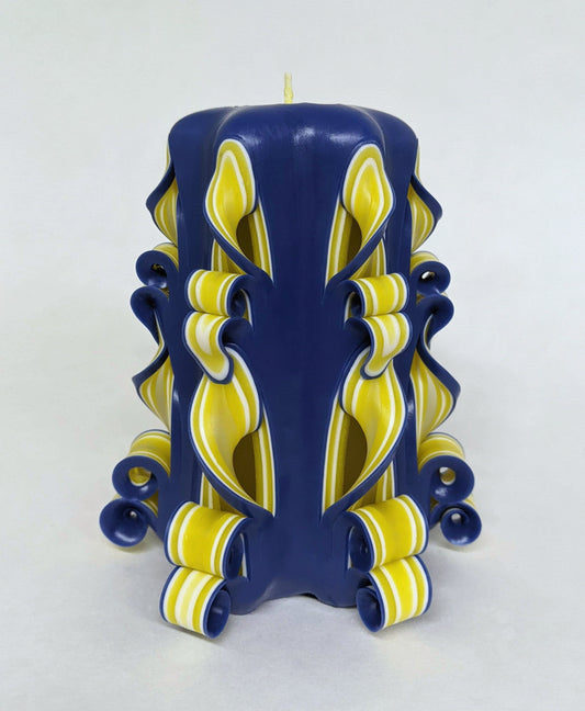 Handmade Blue and Yellow Carved Pillar Candle - 5 Inch