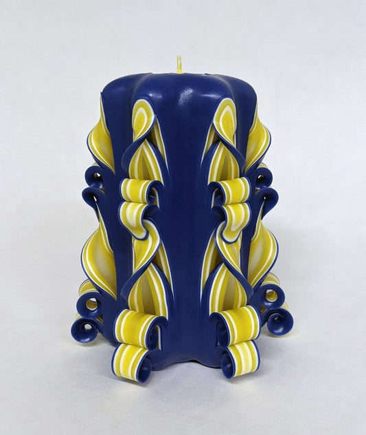 Handmade Blue and Yellow Carved Pillar Candle - 5 Inch