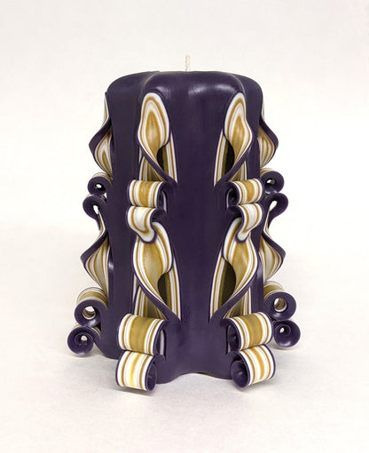 Handmade Purple and Gold Carved Pillar Candle - 5 Inch
