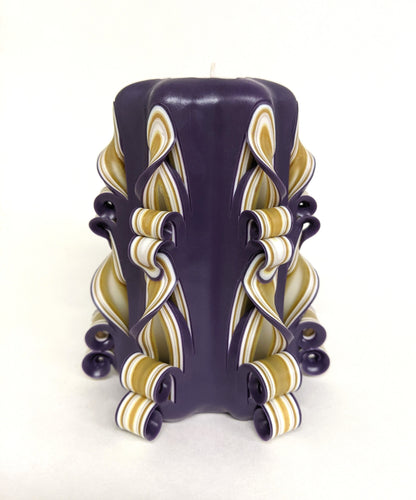 Handmade Purple and Gold Carved Pillar Candle - 5 Inch
