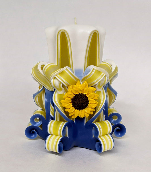 Handmade Yellow and Blue Carved Sunflower Pillar Candle - 5 Inch