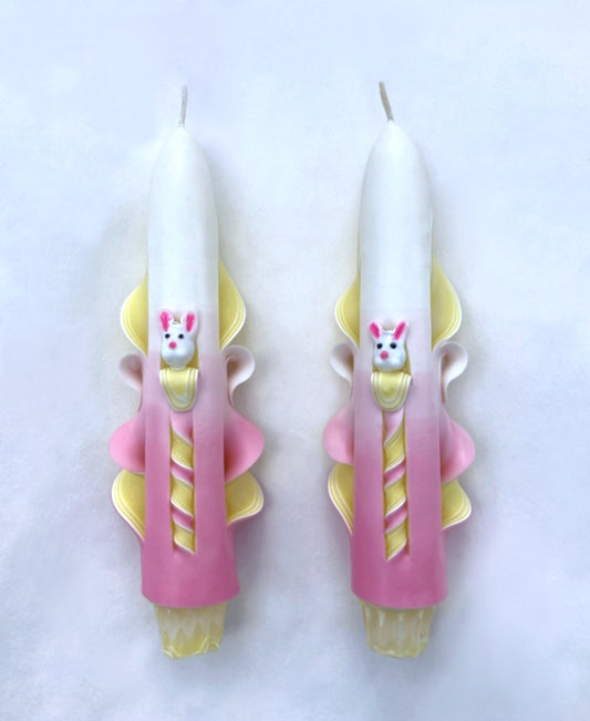 Pink & Yellow Taper Candles with Bunny Accents – 6 inch