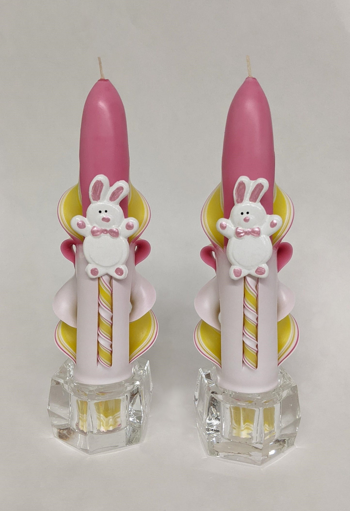 Hand-Carved Pink and Yellow Bunny Taper Candles - 6 Inch