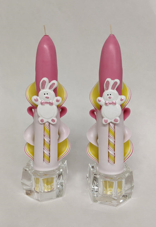 Hand-Carved Pink and Yellow Bunny Taper Candles - 6 Inch