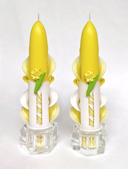 Handmade Carved Yellow and White Daffodil Taper Candles - 6 Inch