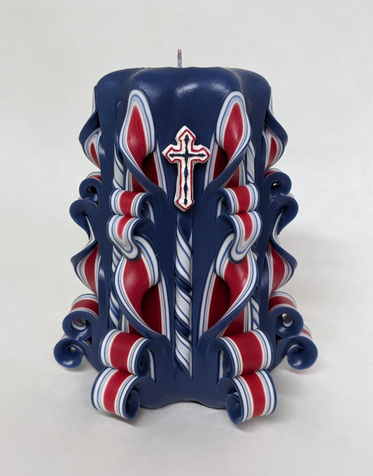 Red, White & Blue Patriotic Pillar Candle with Cross Accents - 5 Inch