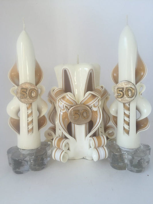 Golden 50th Anniversary Carved Candle Set