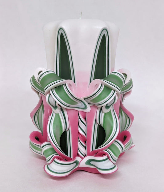 Handmade Pink and Green Carved Pillar Candle - 5 Inch