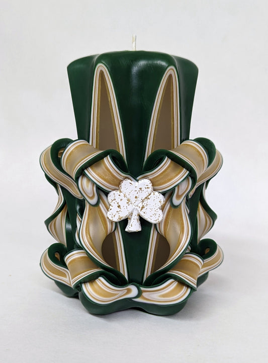 Handmade Green and Gold Pillar Candle with Glittery White Shamrock Accents - 5 Inch