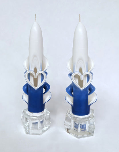Shaded Blue Hand-Carved Taper Candles with Hearts - 6 Inch