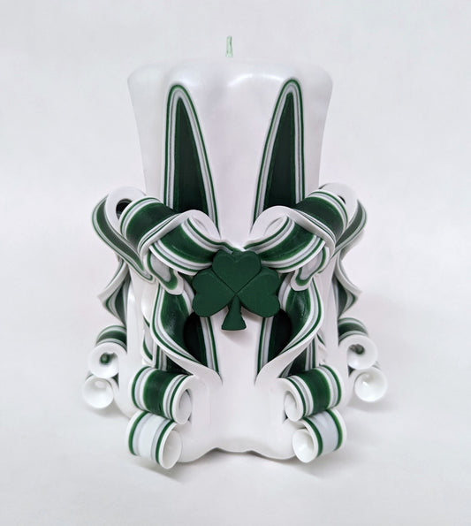 Handmade Green and White Carved Pillar Candle with Green Shamrock Accents - 5 Inch