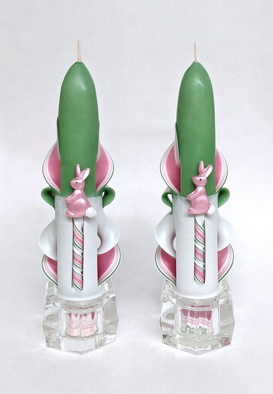 Carved Pink & Green Taper Candles with Easter Bunny Accents