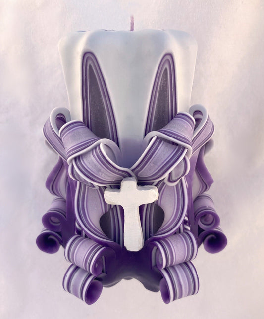 Hand-Carved Shaded Purple Easter Pillar Candle with Cross Accents
