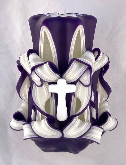 Hand-Carved Purple Easter Pillar Candle with Cross Accents