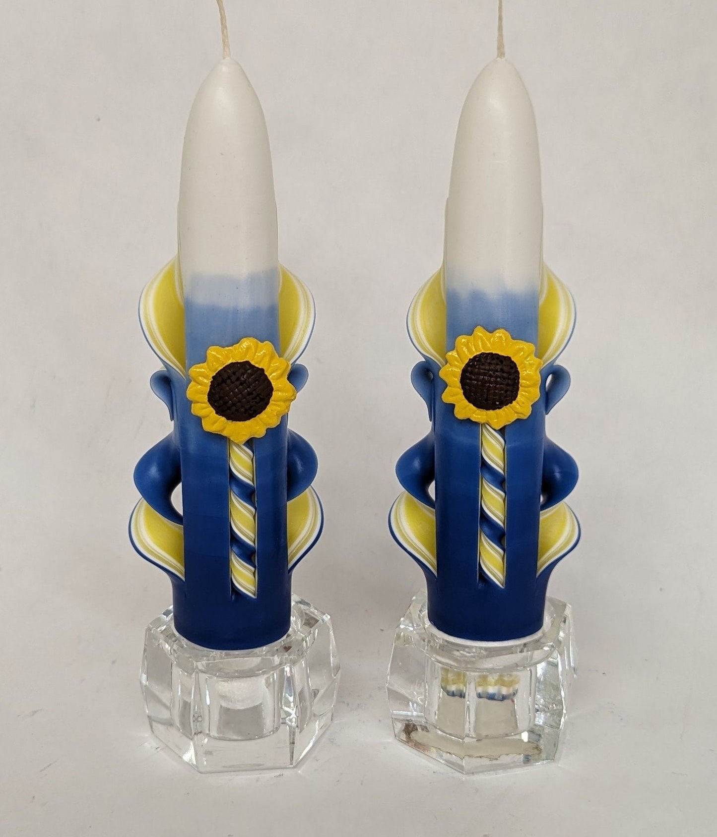 Carved Yellow & Blue Sunflower Taper Candles