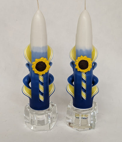 Carved Yellow & Blue Sunflower Taper Candles