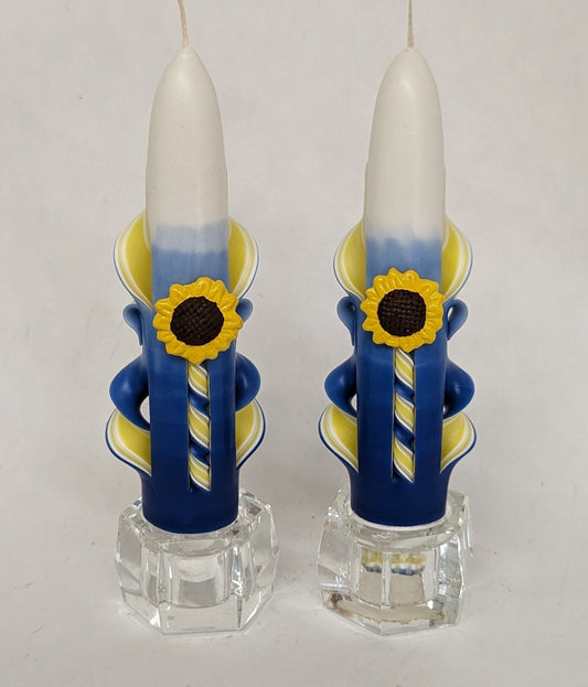 Carved Yellow & Blue Sunflower Taper Candles