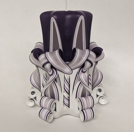 Handmade Purple and White Carved Pillar Candle - 5 Inch