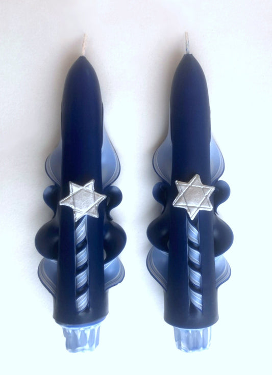 Hand-Carved Shabbat Taper Candles with Star of David Accents - 6 inch