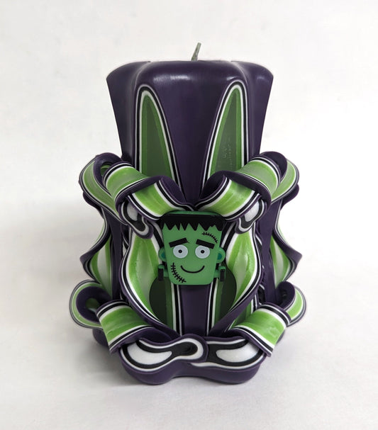 Handmade Halloween Frankenstein Carved Pillar Candle - 5 Inch