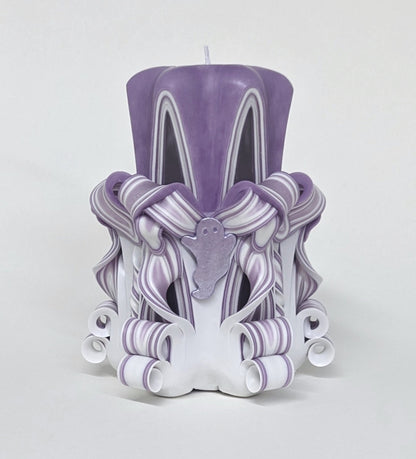 Handmade Pastel Purple Halloween Ghost Carved Pillar Candle - 5 Inch