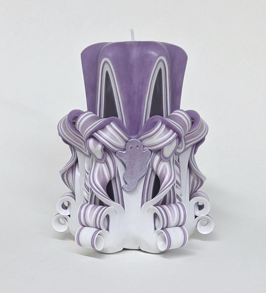 Handmade Pastel Purple Halloween Ghost Carved Pillar Candle - 5 Inch