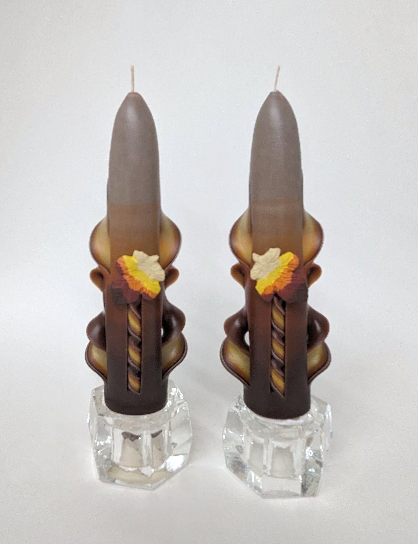 Handmade Earth Tone Autumn Leaves Carved Candle Set