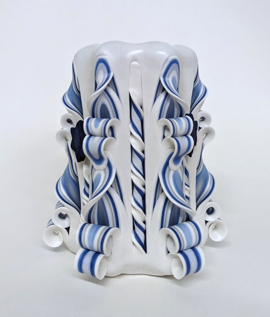 Carved Blue & White Pillar Candle with Star of David Accents