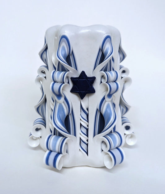 Carved Blue & White Pillar Candle with Star of David Accents