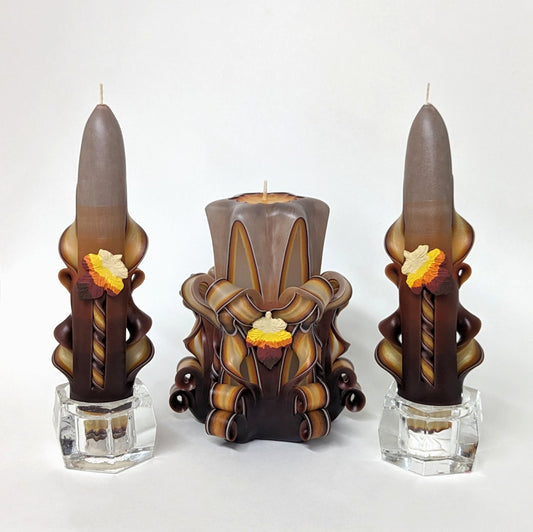 Handmade Earth Tone Autumn Leaves Carved Candle Set
