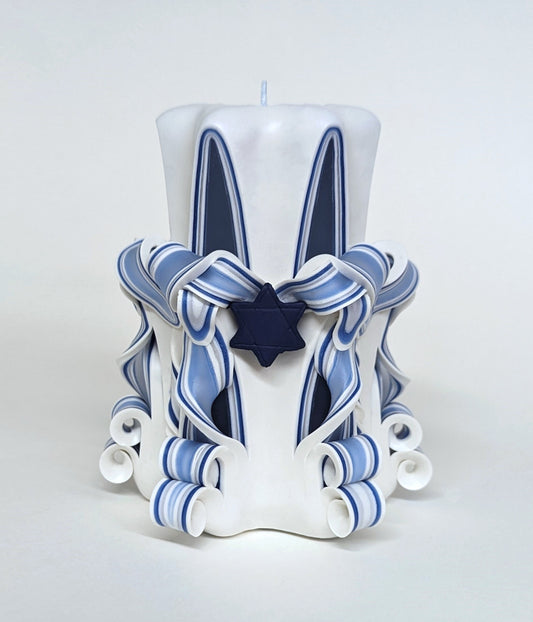 White Hand-Carved Shabbat Pillar Candle with Star of David Accents - 5 Inch