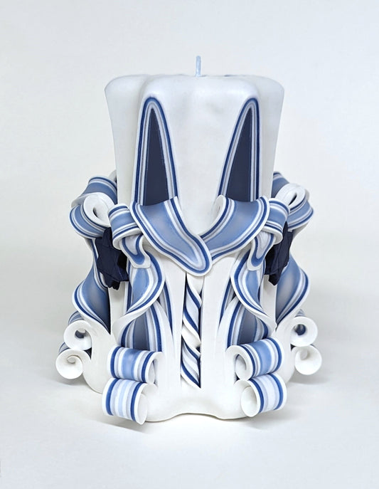 White Hand-Carved Shabbat Pillar Candle with Star of David Accents - 5 Inch