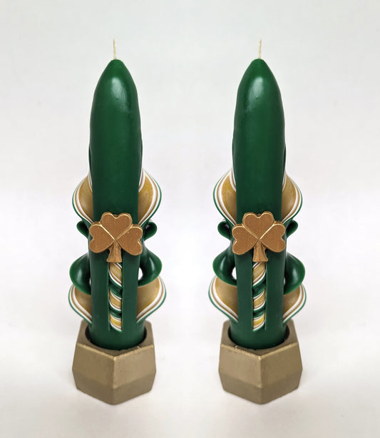 Handmade Carved Green and Gold Shamrock Taper Candles - 6 Inch