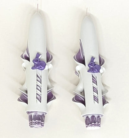 Purple & White Hand-Carved Easter Bunny Taper Candles