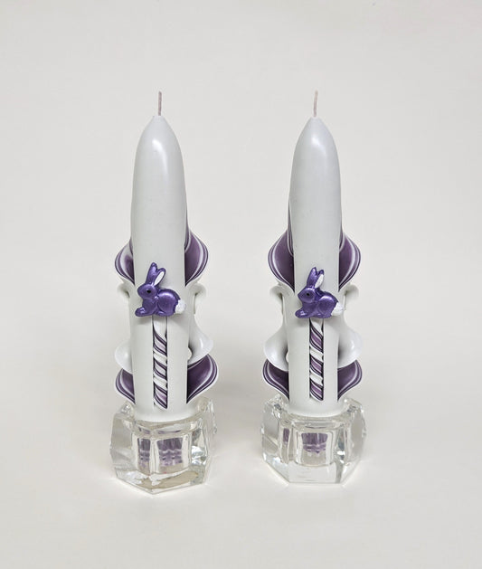 Purple & White Hand-Carved Easter Bunny Taper Candles
