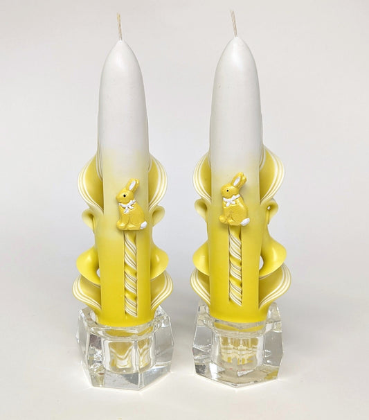 Hand-Carved Yellow & White Easter Bunny Taper Candles - 6 Inch