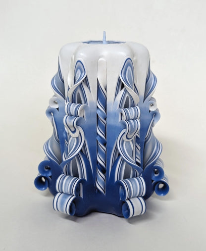 Handmade Shaded Blue Carved Pillar Candle - 5 Inch
