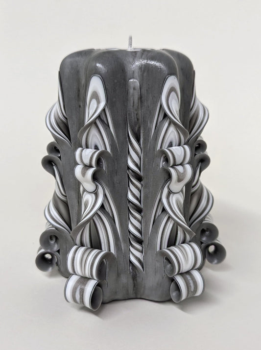 Handmade Gray and White Carved Pillar Candle - 5 Inch